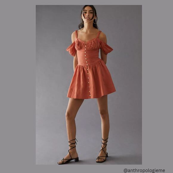 New Anthropologie Off-The-Shoulder Linen Mini Dress - XS - Picture 1 of 7